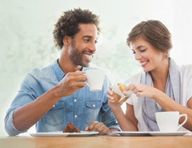 Couple on a first date in a cafe